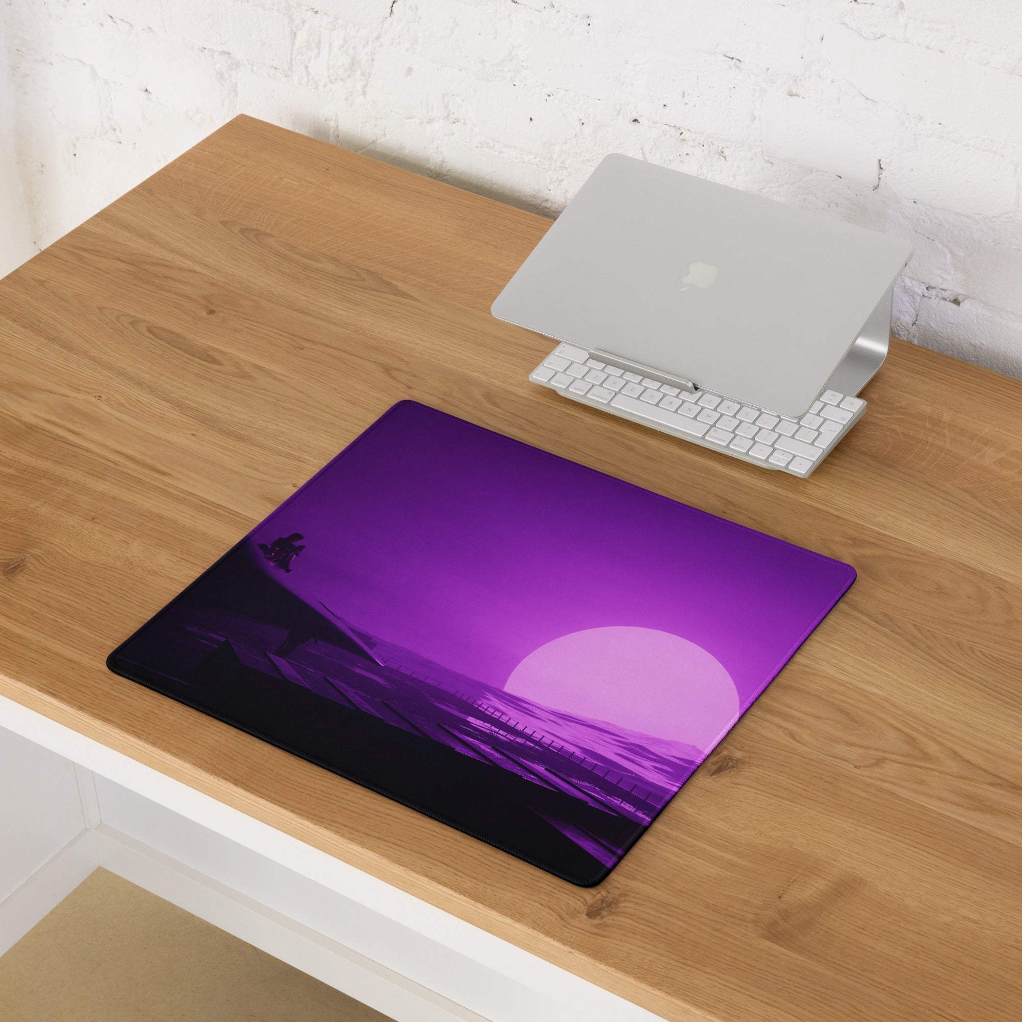 Vibrant purple gradient sunset gaming mousepad with hills and silhouettes