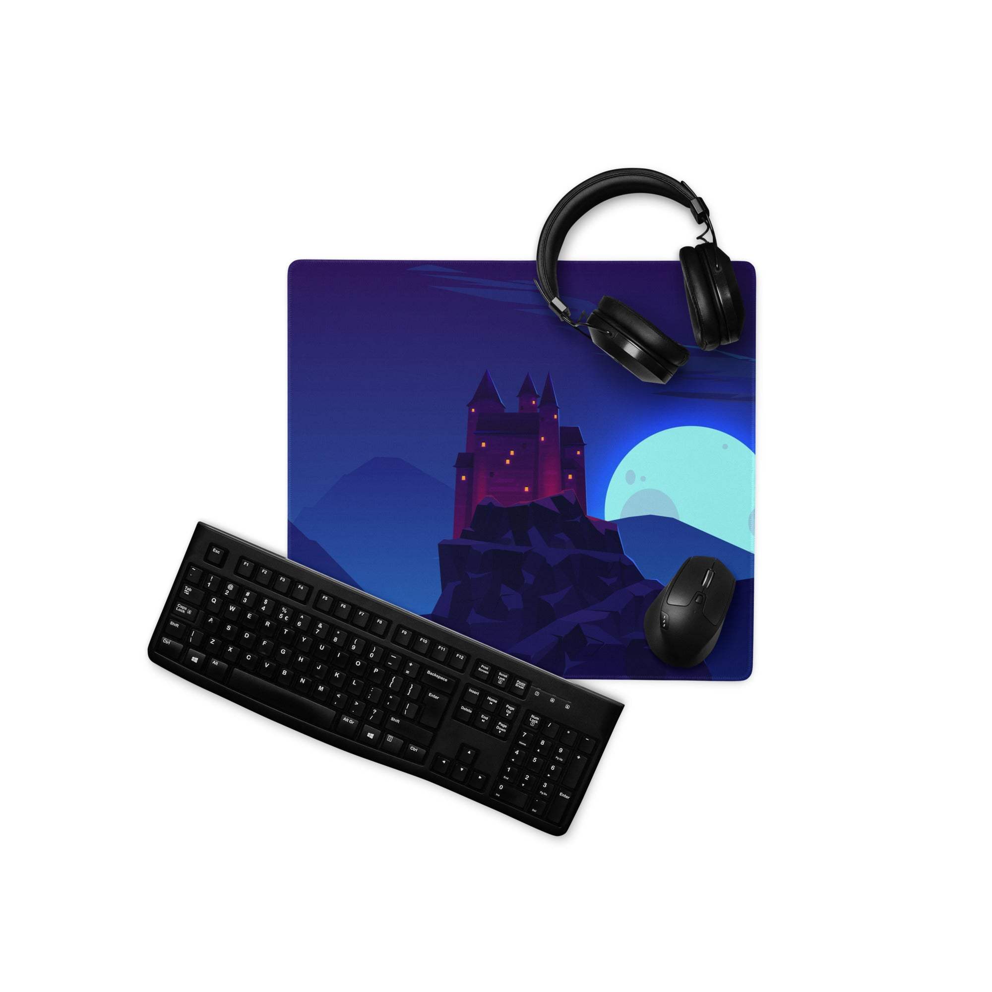 Fantasy castle moonlit night blue gaming mouse pad large non-slip stitched