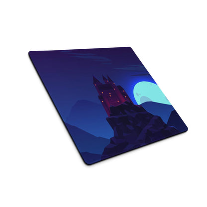 Dark blue large gaming mouse pad with fantasy castle under glowing moon
