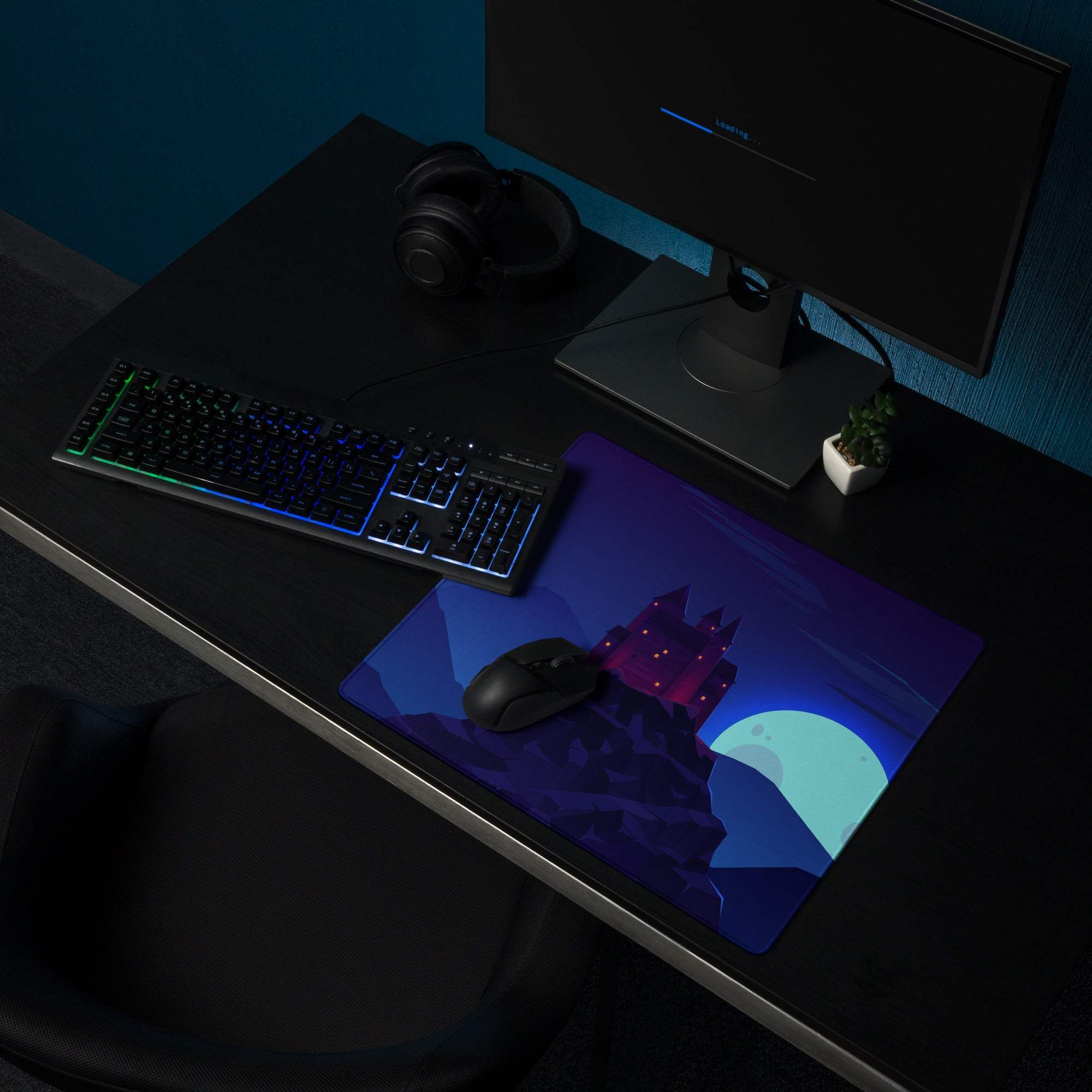Purple blue fantasy castle gaming mousepad with glowing moon large size