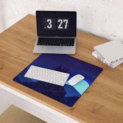 Blue geometric mousepad with mountain silhouette, teal accents, non-slip base