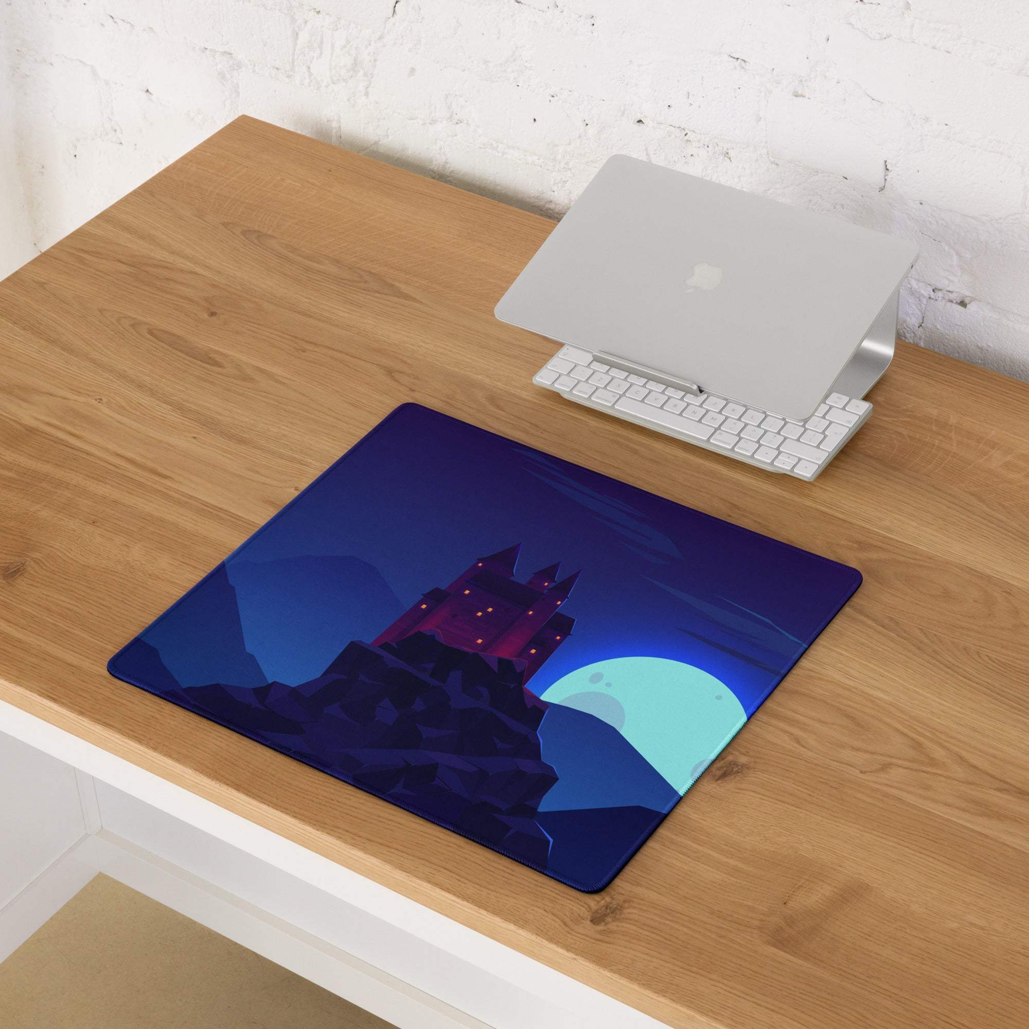 Dark blue fantasy castle moonlit gaming mouse pad large non-slip stitched