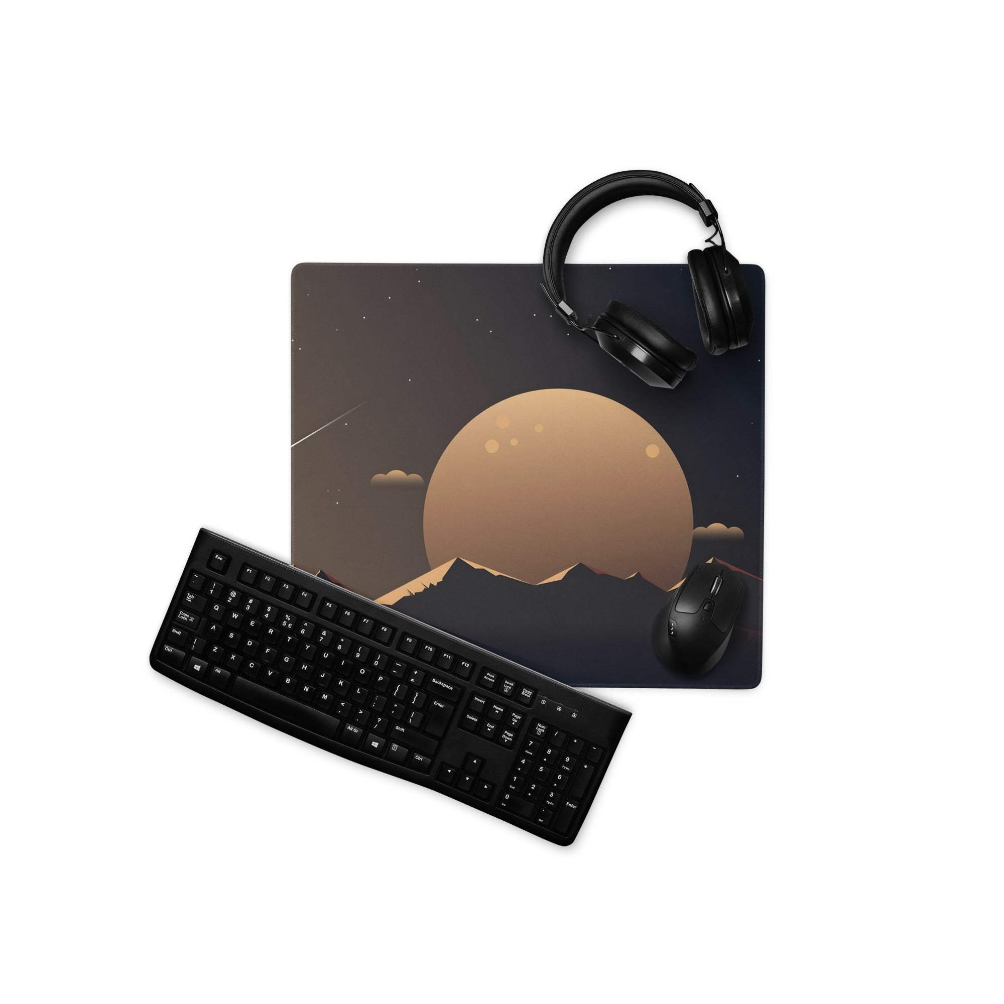 Large orange planet rising over dark mountains on starry night sky gaming mouse pad