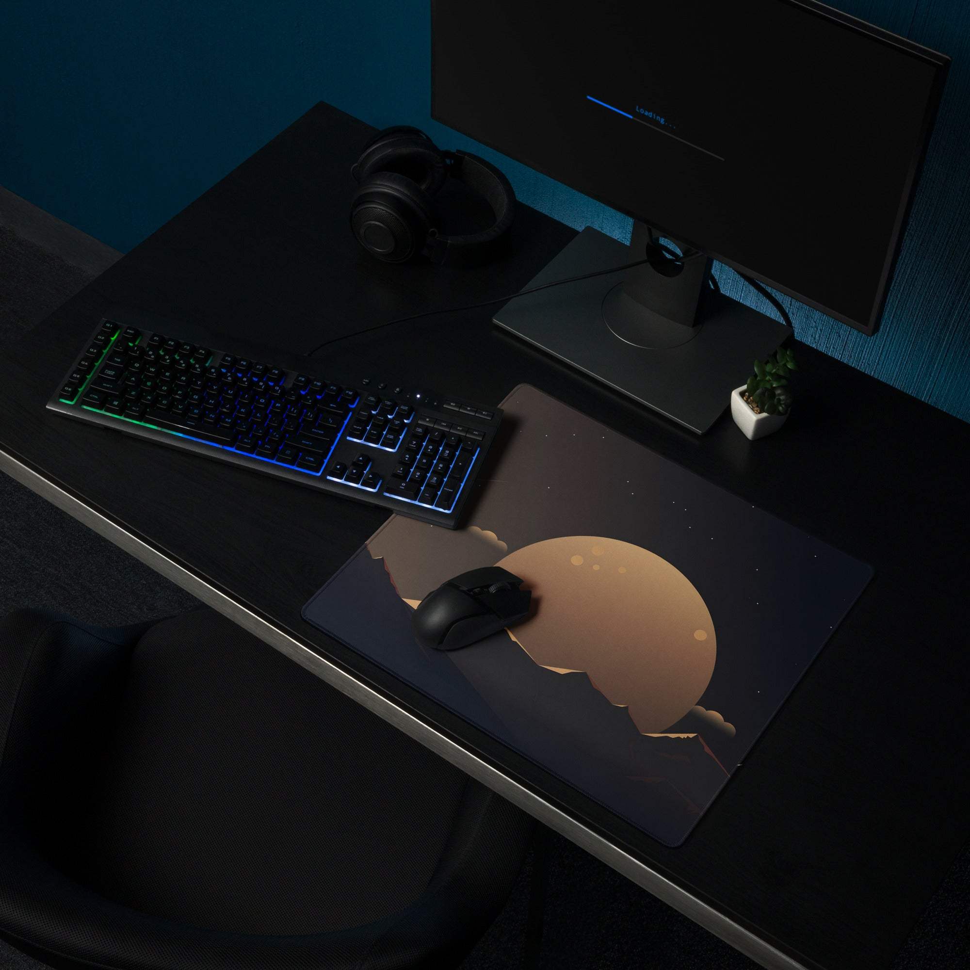 Sleek black cosmic gaming mouse pad with glowing orange planet, starry night sky, non-slip base