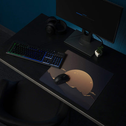 Sleek black cosmic gaming mouse pad with glowing orange planet, starry night sky, non-slip base