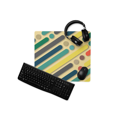 Bold geometric color burst gaming mouse pad with teal yellow stripes circles non-slip base
