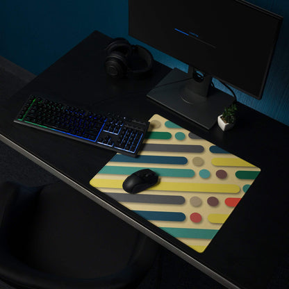Bold geometric color burst gaming mouse pad with yellow teal stripes dots large non-slip base