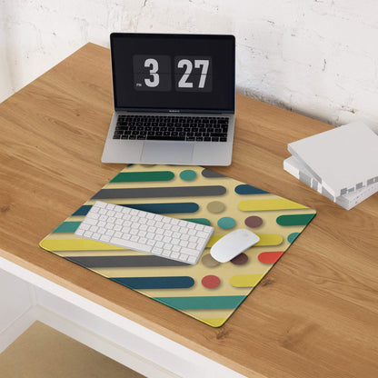 Bold geometric color burst gaming mouse pad with vibrant stripes and circles