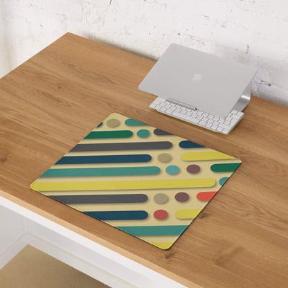Bold geometric color burst gaming mouse pad with teal yellow stripes circles non-slip base