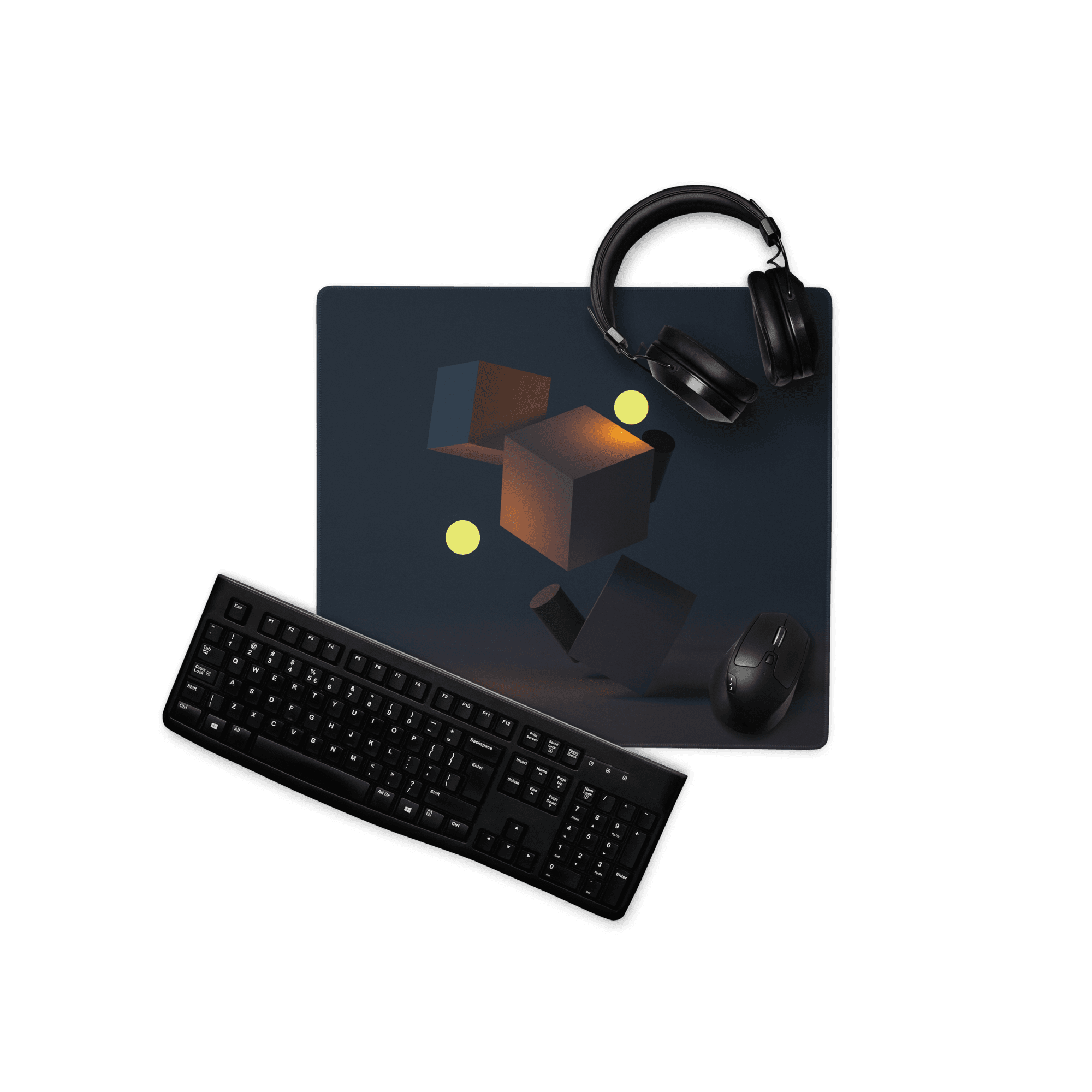 Dark navy gaming mousepad with 3D glowing yellow spheres and warm cubes