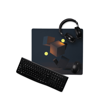 Dark navy gaming mousepad with 3D glowing yellow spheres and warm cubes