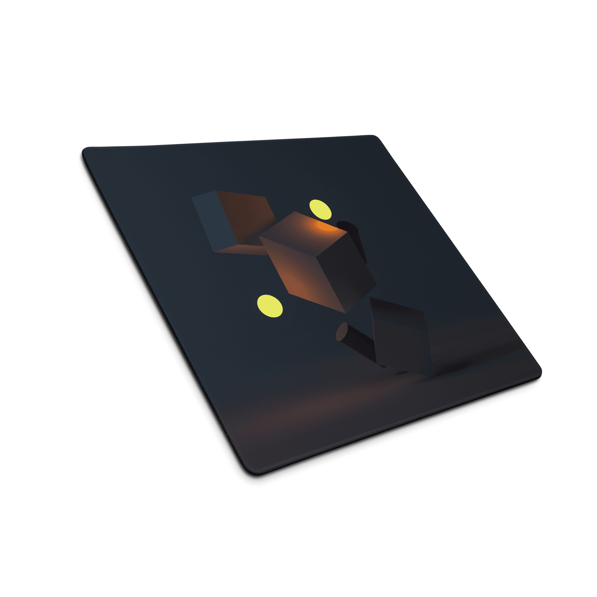 Dark navy gaming mouse pad screen with glowing yellow 3D spheres