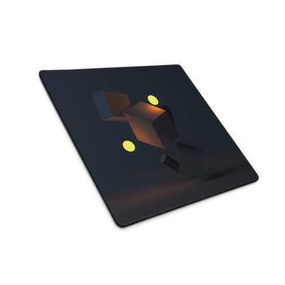 Dark navy gaming mouse pad screen with glowing yellow 3D spheres