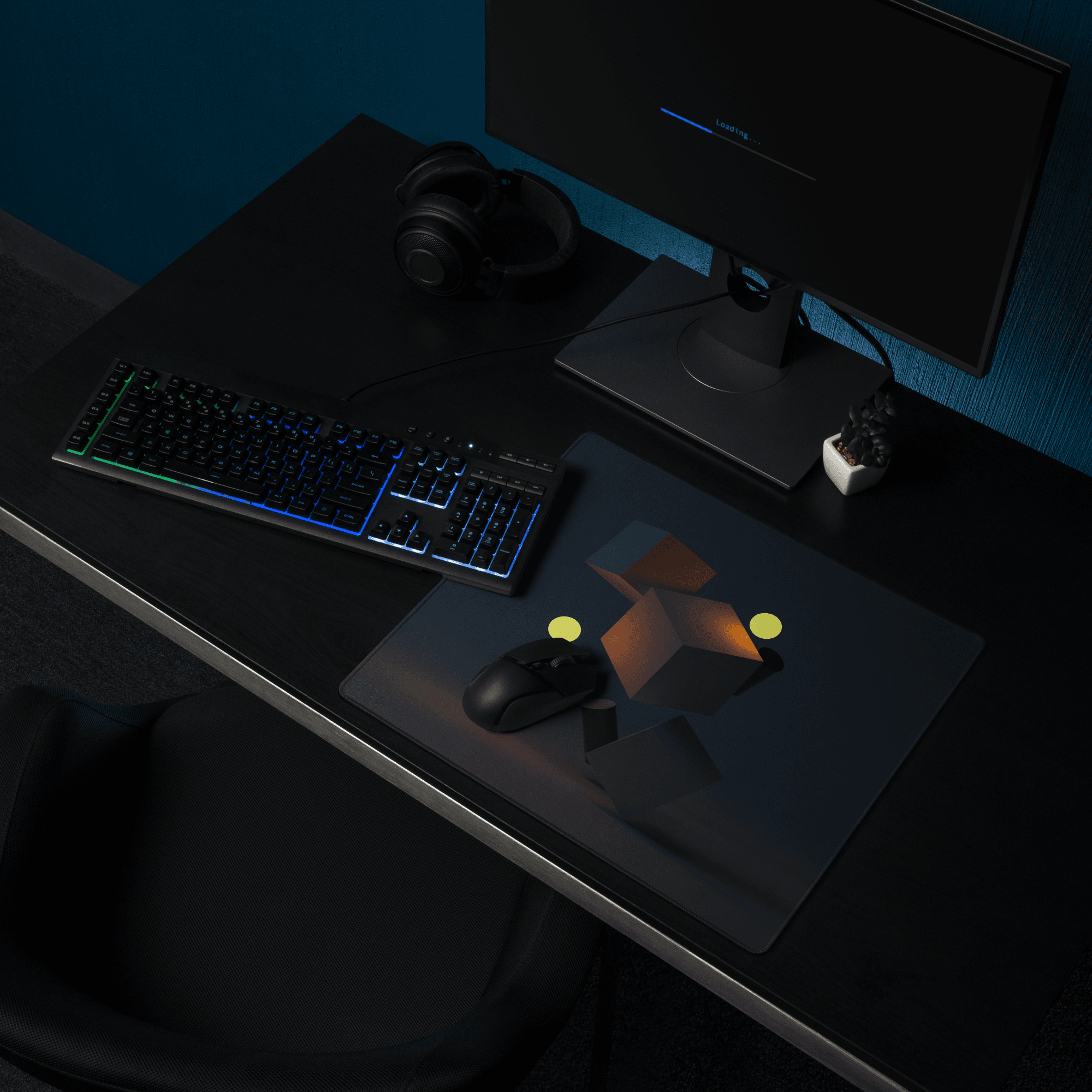 Premium large non-slip gaming mousepad with geometric design and glowing yellow accents