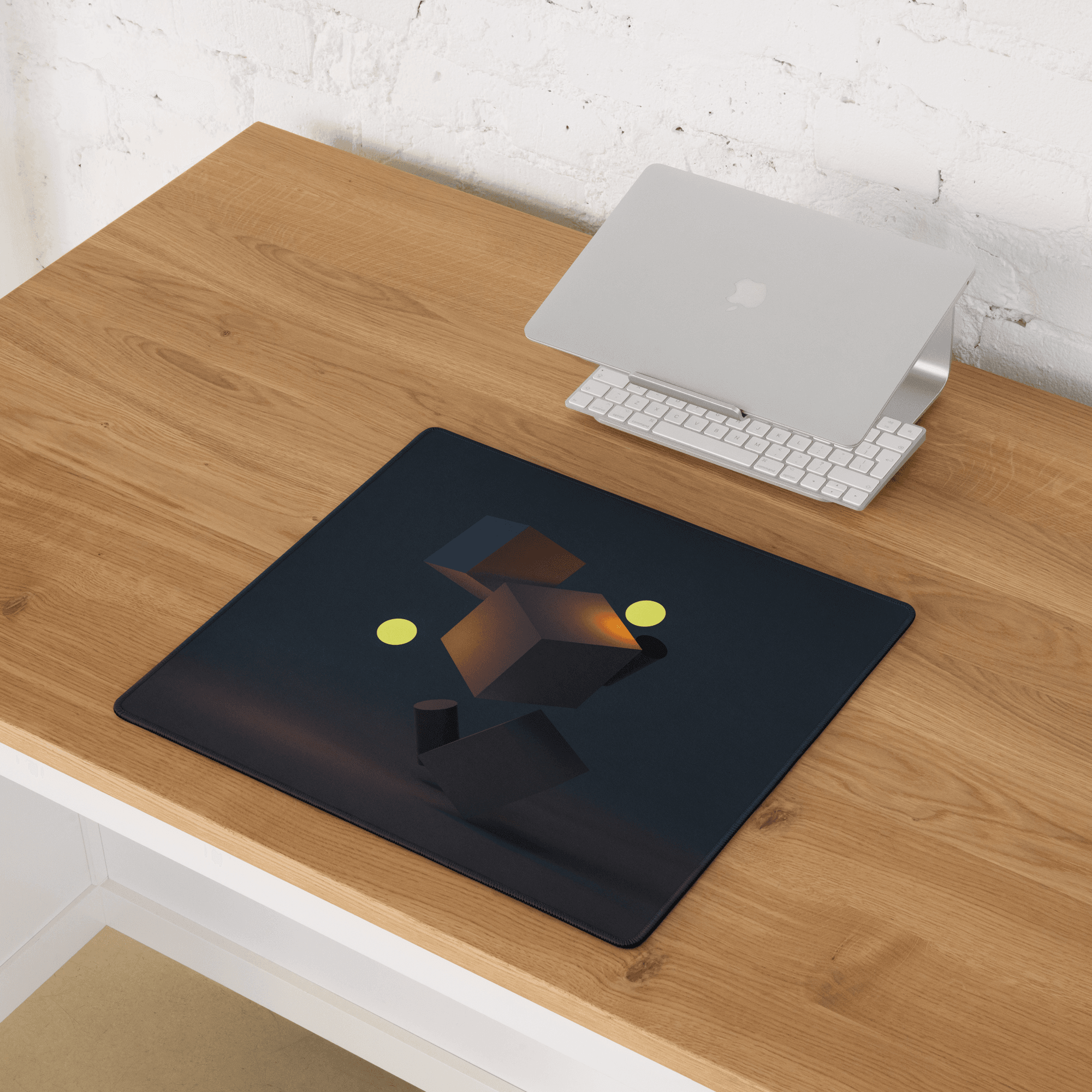 Premium large non-slip gaming mouse pad in dark navy with geometric brown gold cubes and glowing yellow circles