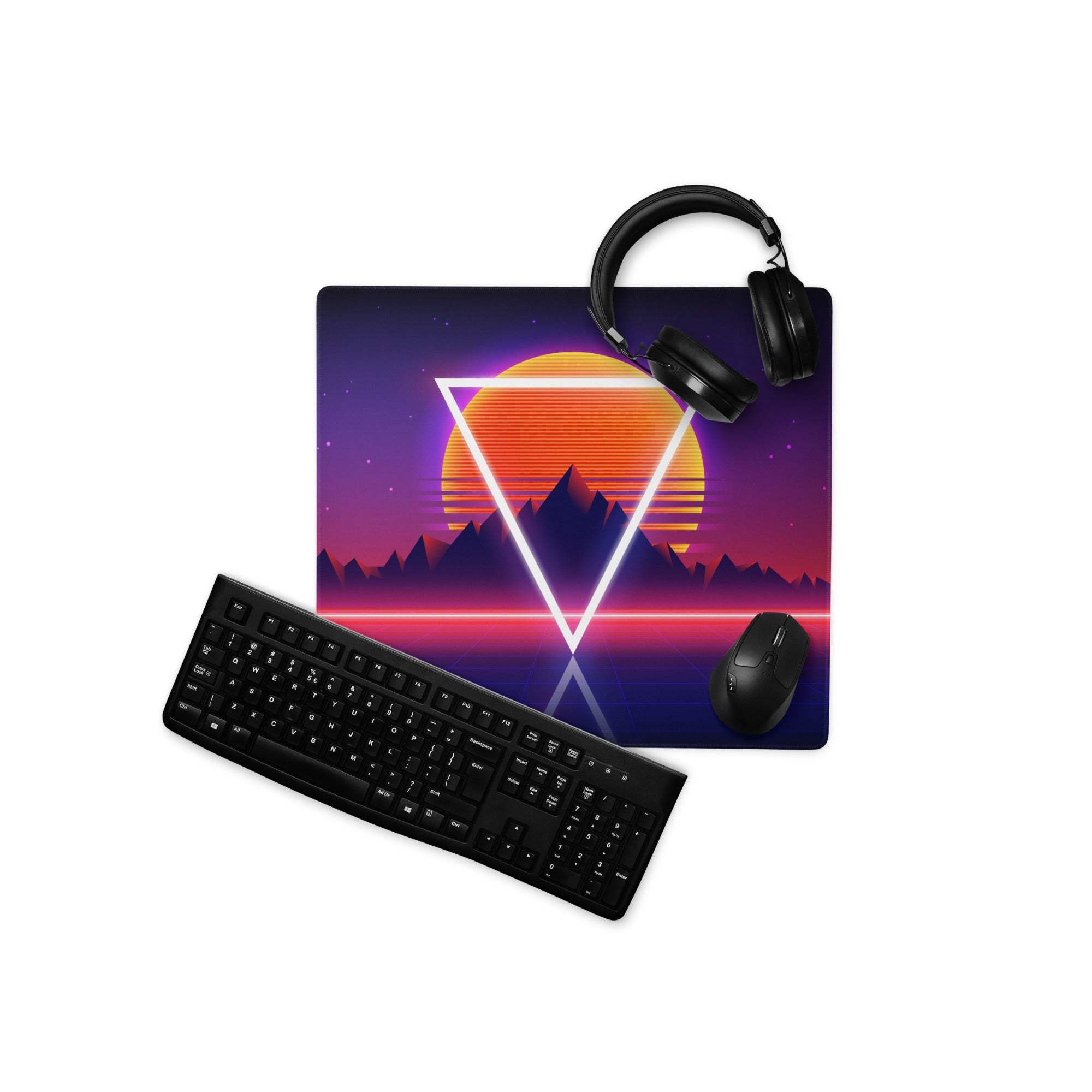 Neon retro mountains gaming mouse pad with glowing neon triangle sunset