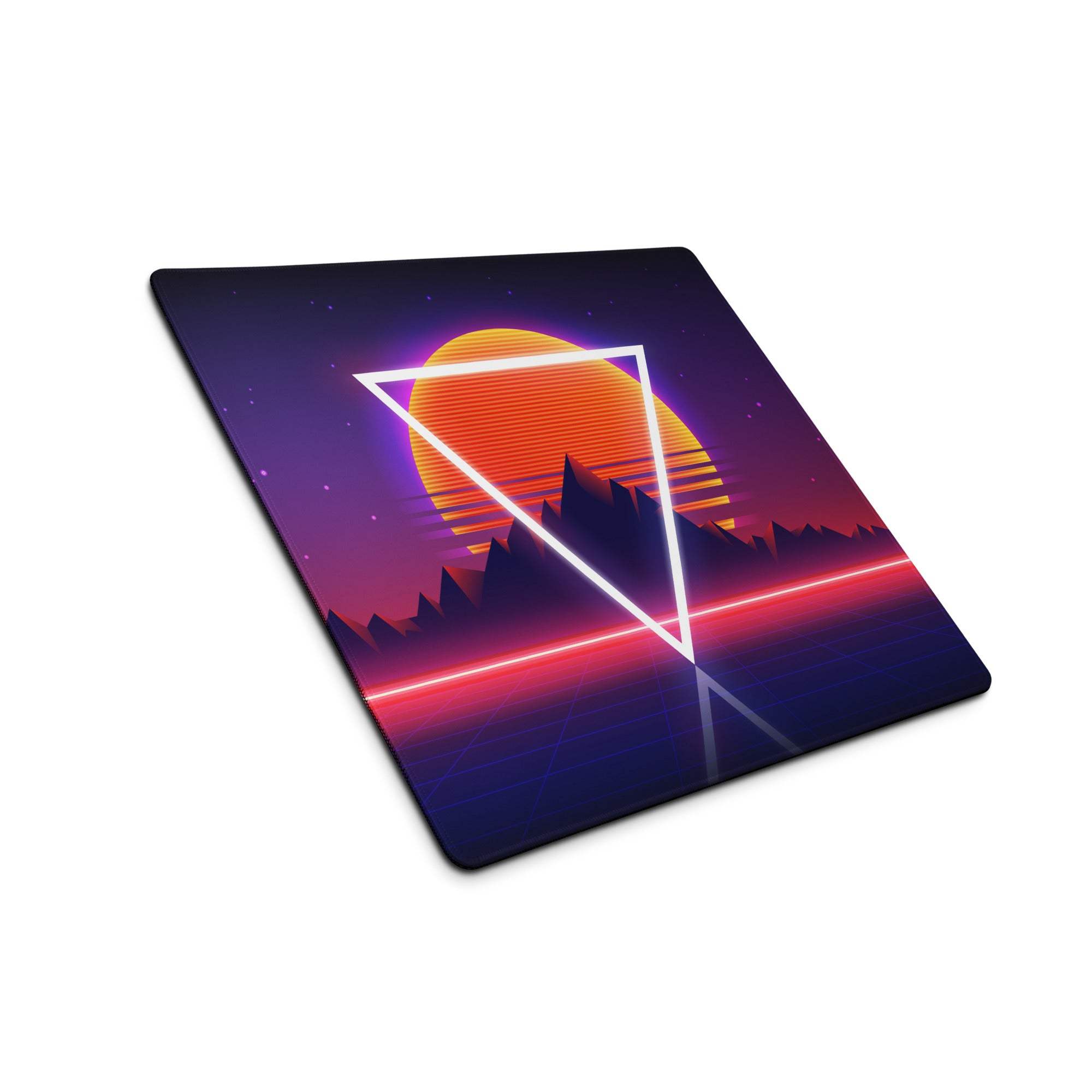 Neon retro mountains gaming mouse pad with glowing triangle sunset design