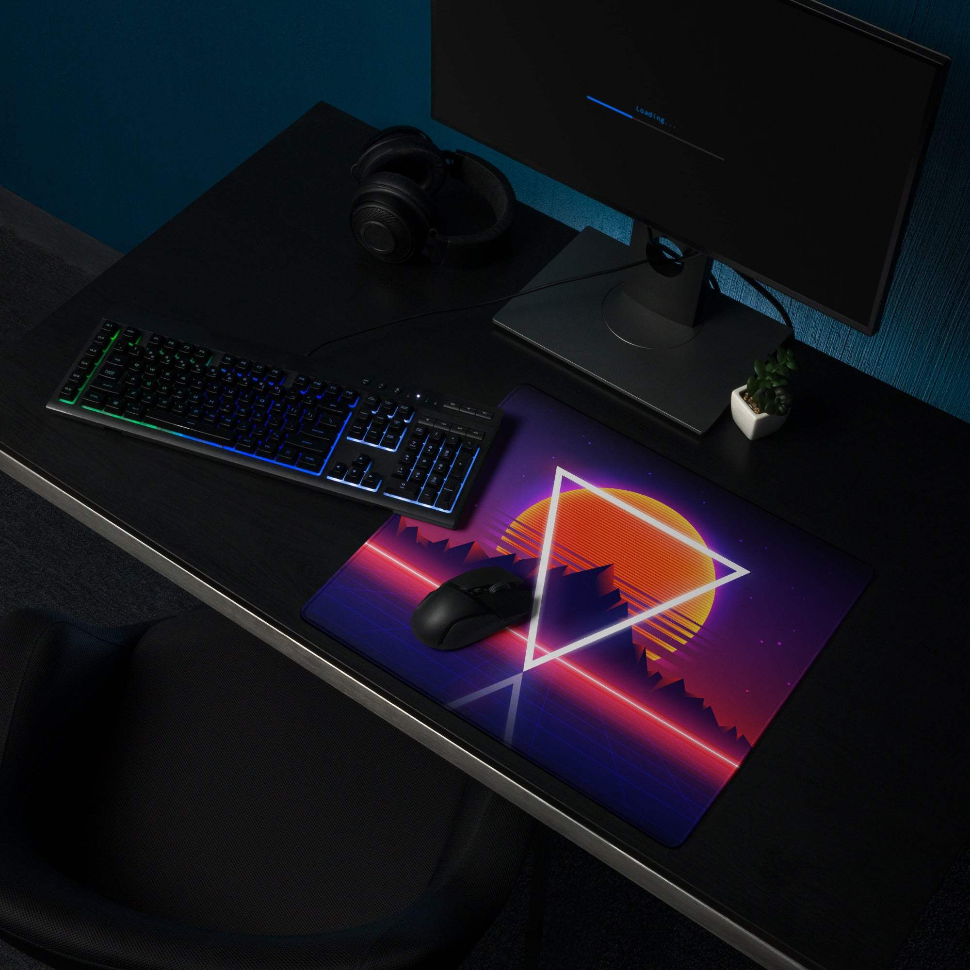 Neon retro mountains gaming mouse pad with glowing orange sun, white triangle, sunset gradients
