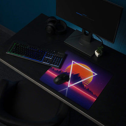 Neon retro mountains gaming mouse pad with glowing orange sun, white triangle, sunset gradients