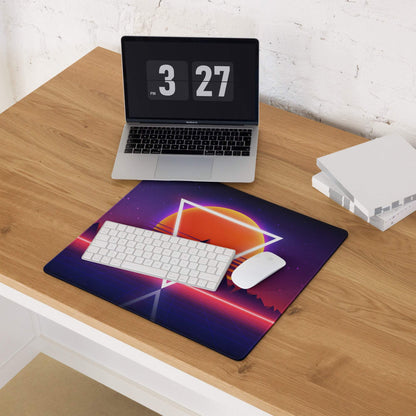 Neon retro mountains gaming mouse pad with glowing orange sun and pink streaks