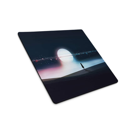 Sleek black cinematic night sky gaming mousepad with glowing celestial sphere art