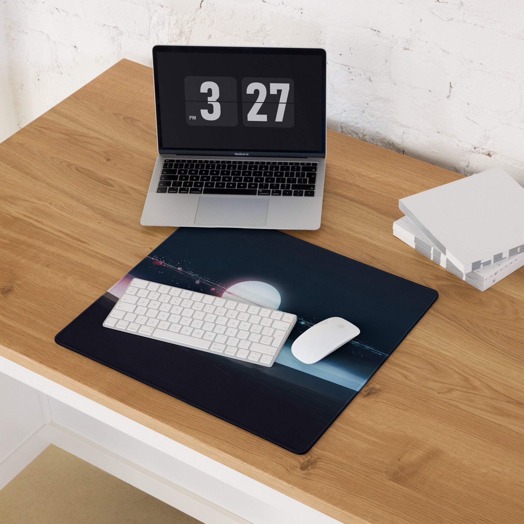 Black cosmic gaming mousepad with planet starry sky design