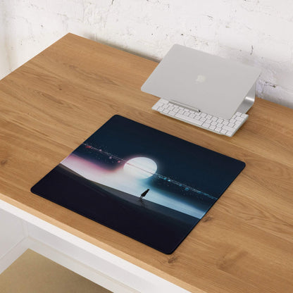Black cosmic gaming mousepad with large moon, stars, figure, non-slip base