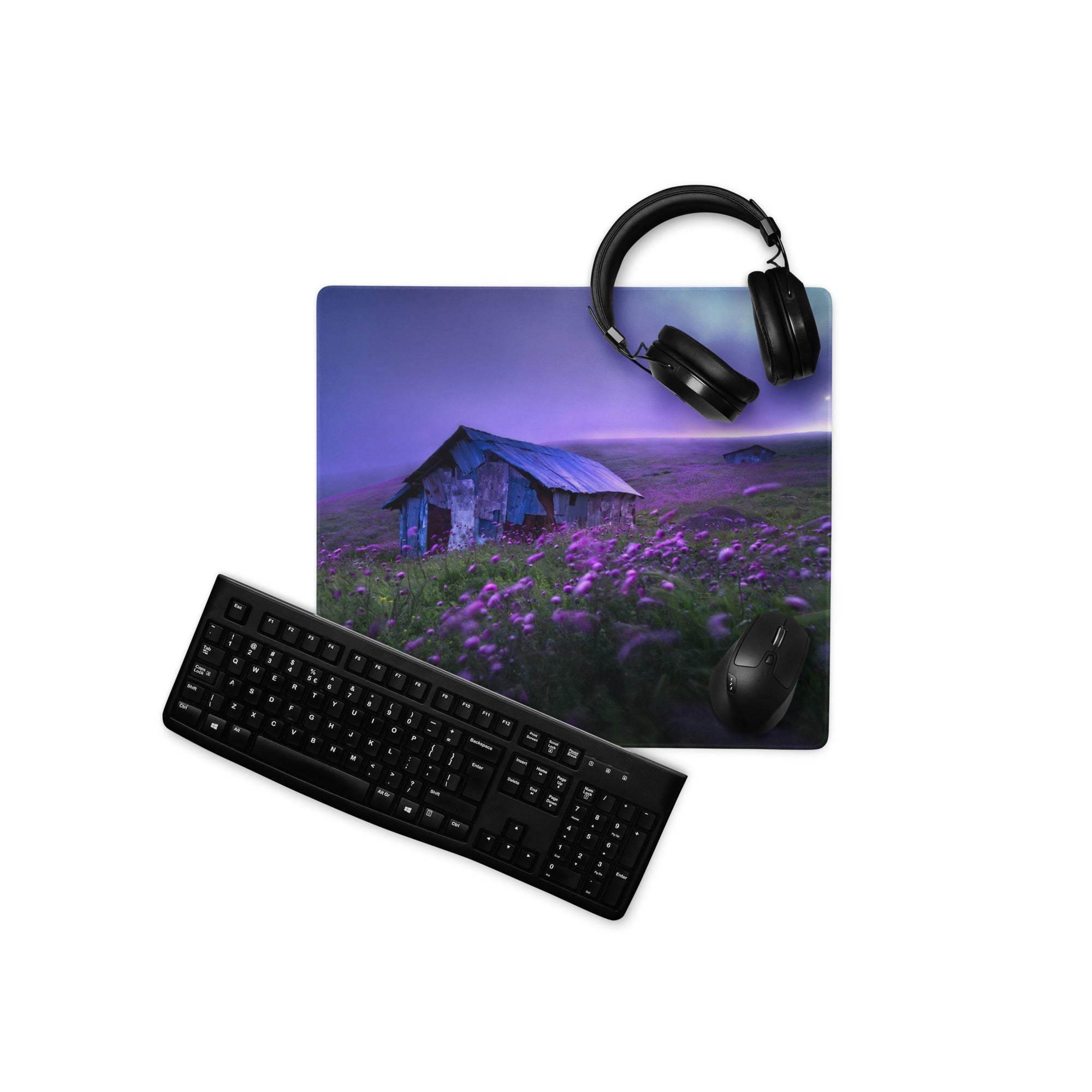 Purple twilight barn mousepad with flowers, non-slip backing, edge stitching
