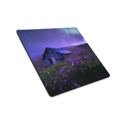 Purple green landscape mousepad with rustic blue barn, wildflowers, twilight sky