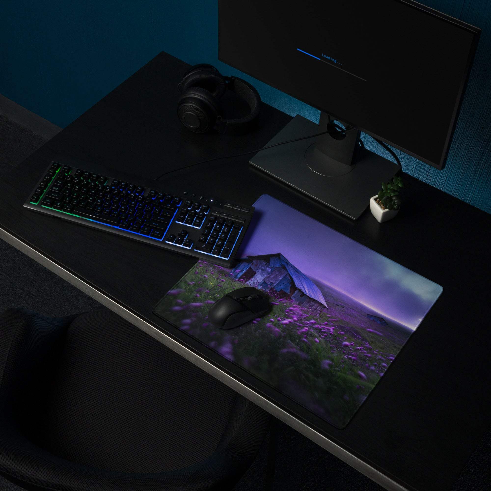 Epic Landscape Purple Twilight gaming mousepad with black wireless mouse