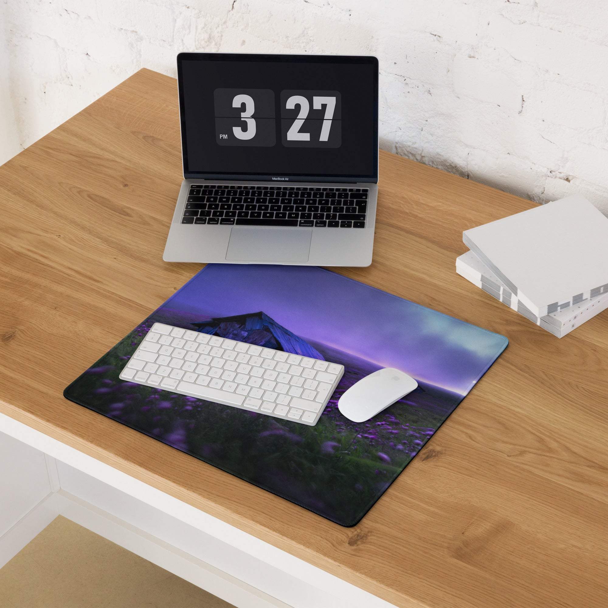Epic Landscape Purple Twilight gaming mousepad with keyboard and mouse