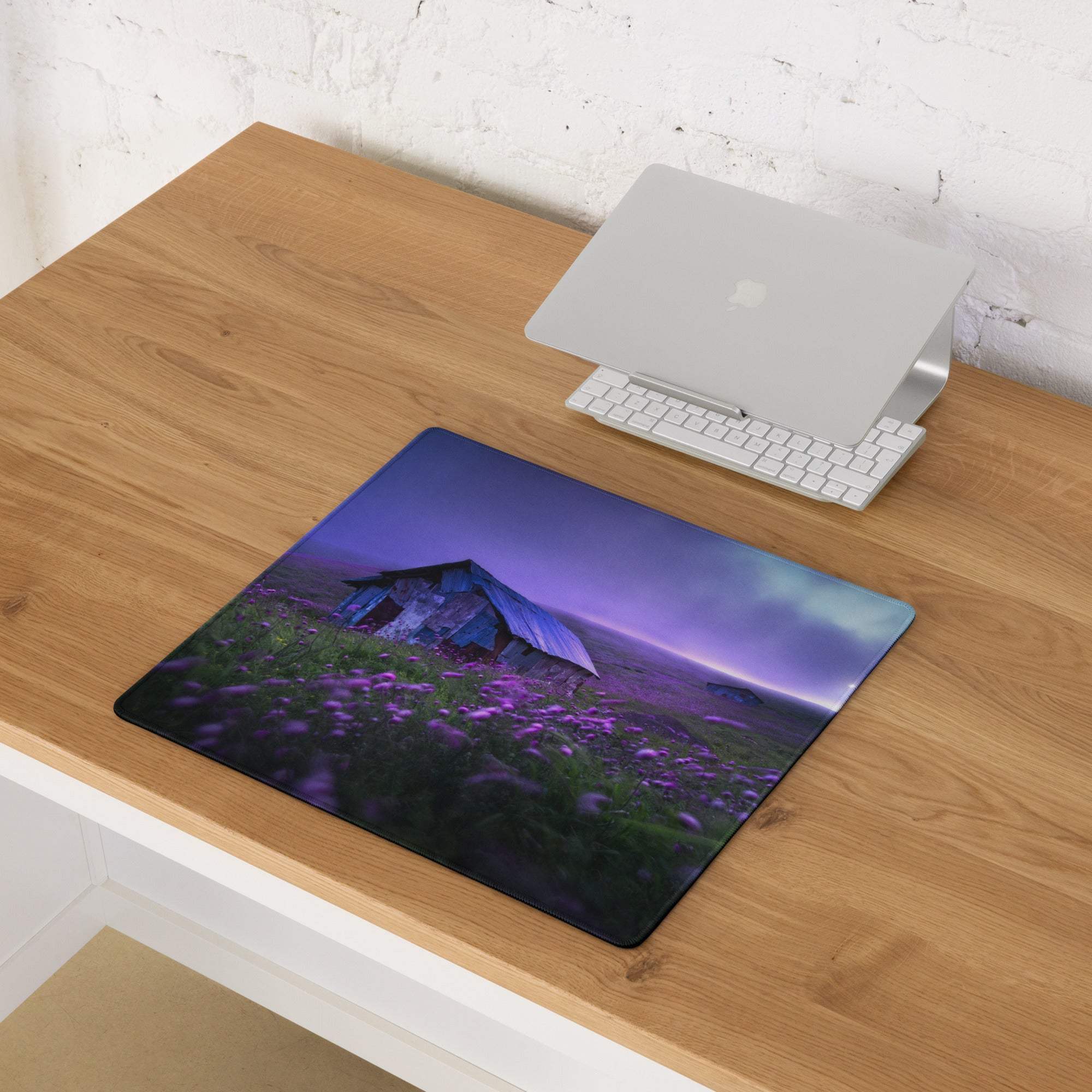 Purple green field rustic barn twilight mousepad with non-slip backing
