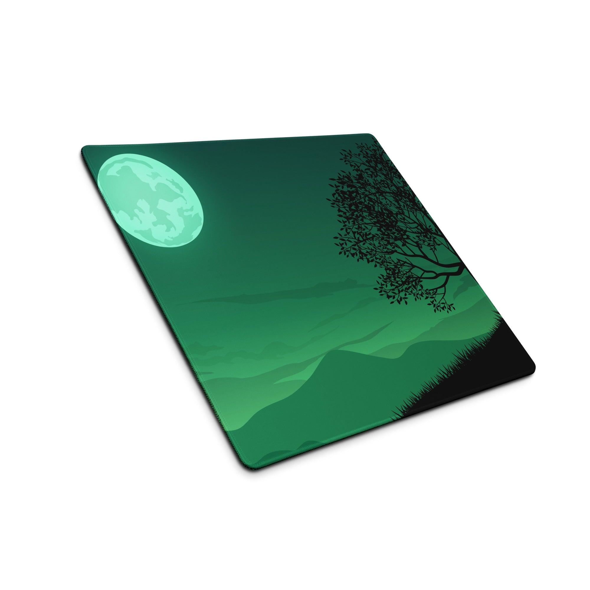 Green moonlit landscape mousepad with glowing teal moon, silhouetted tree, hills, non-slip base