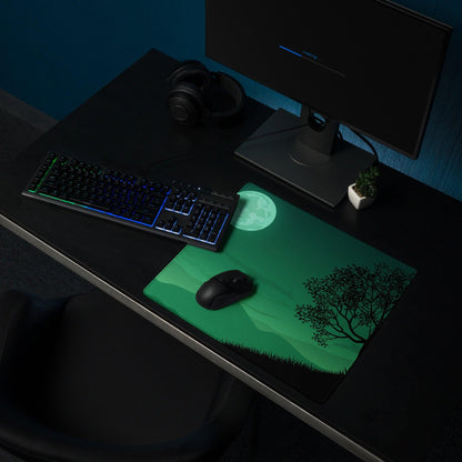 Green moonlit forest mousepad with black tree silhouette and grass