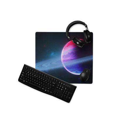Large cosmic galaxy gaming mouse pad with pink purple planet, non-slip base