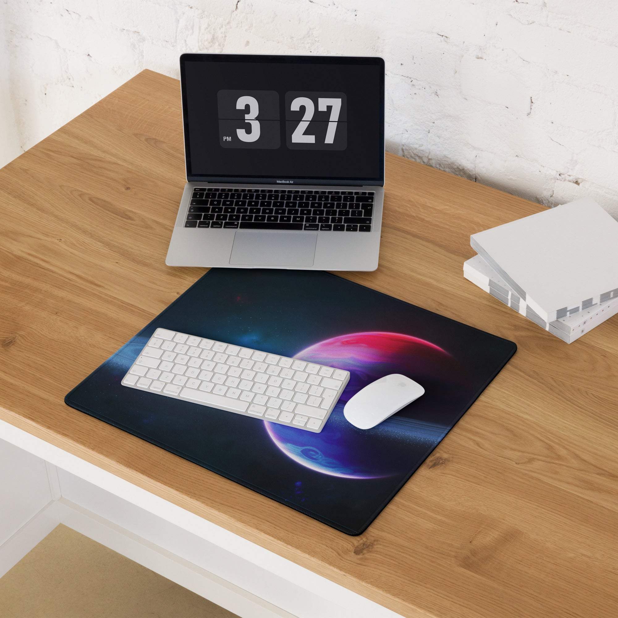 Large cosmic galaxy gaming mouse pad with pink purple planet design