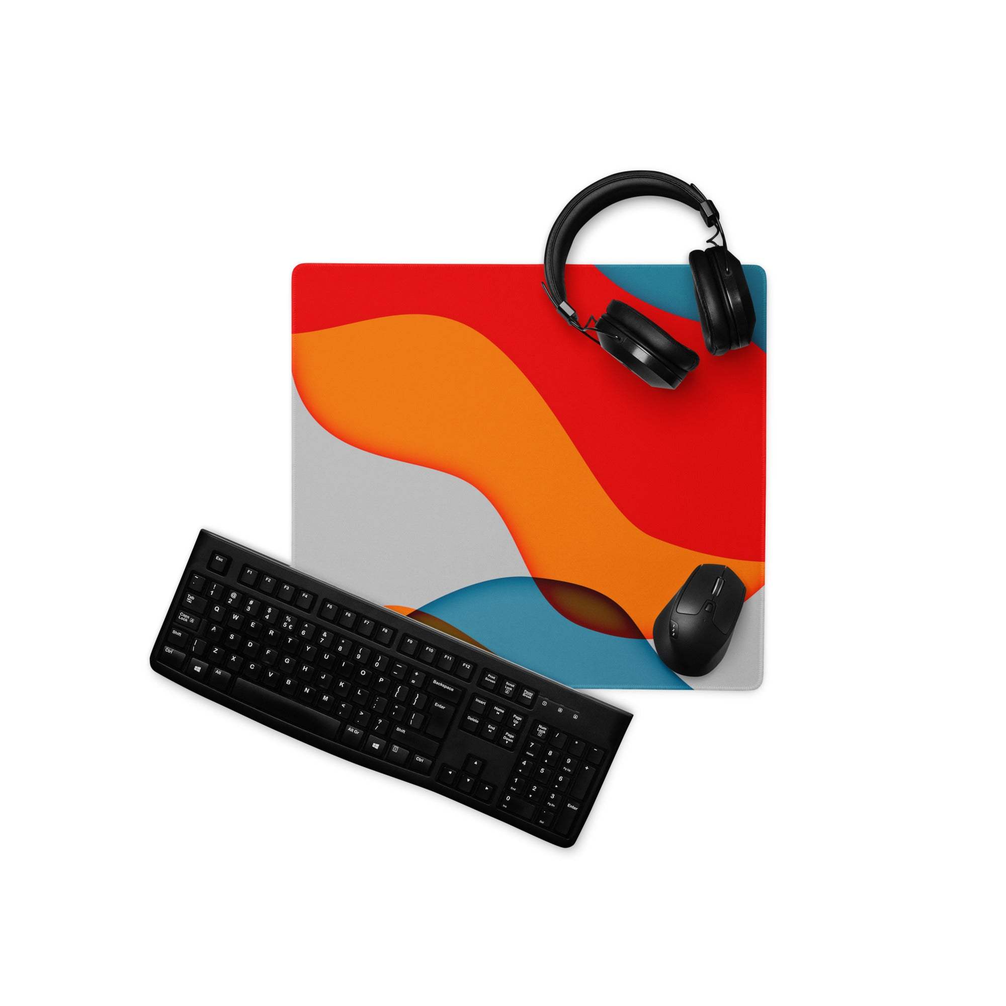 Vibrant abstract wave mousepad in red orange blue gray matte non-slip gaming
