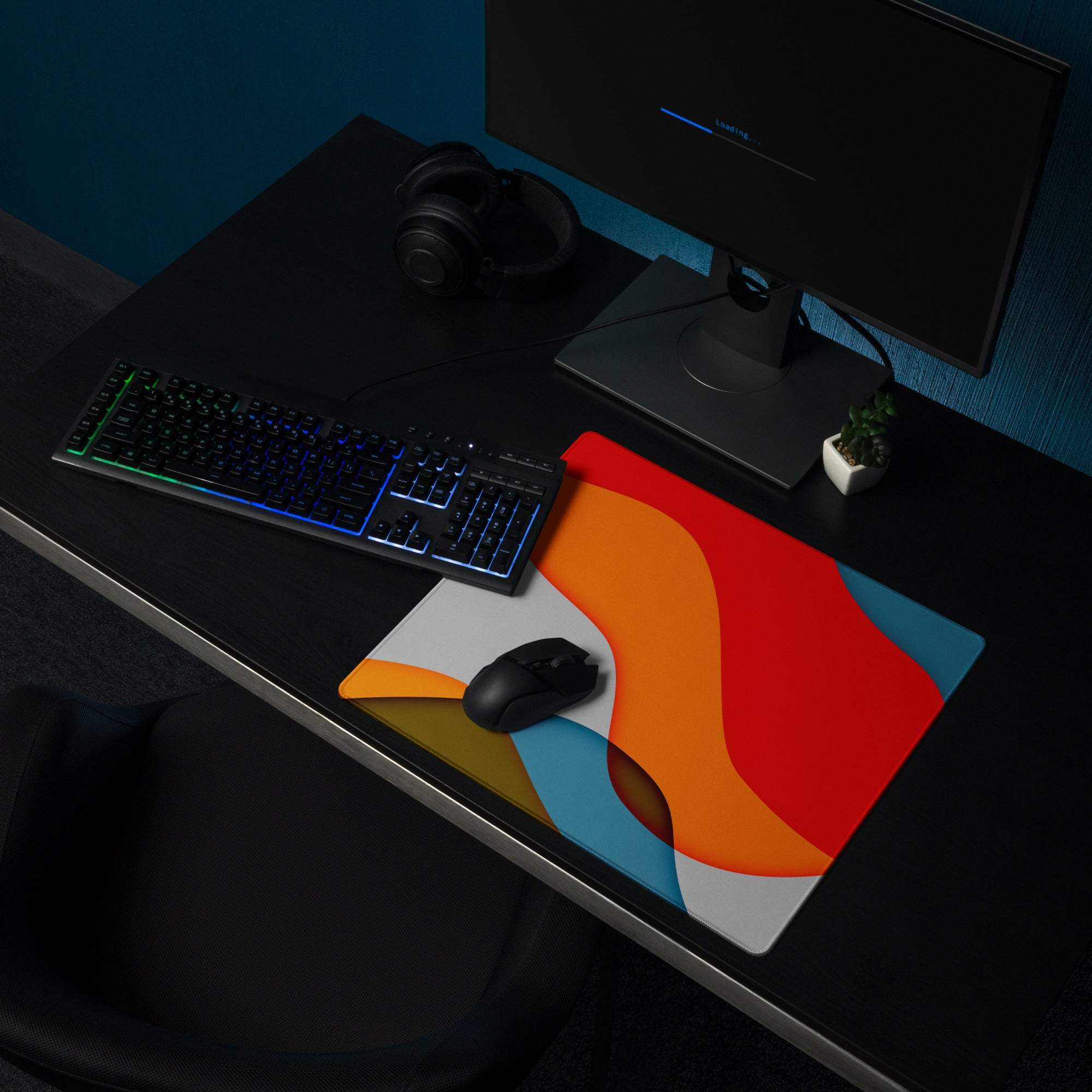 Vibrant modern abstract gaming mouse pad with bold multicolor curves, non-slip, stitched edges