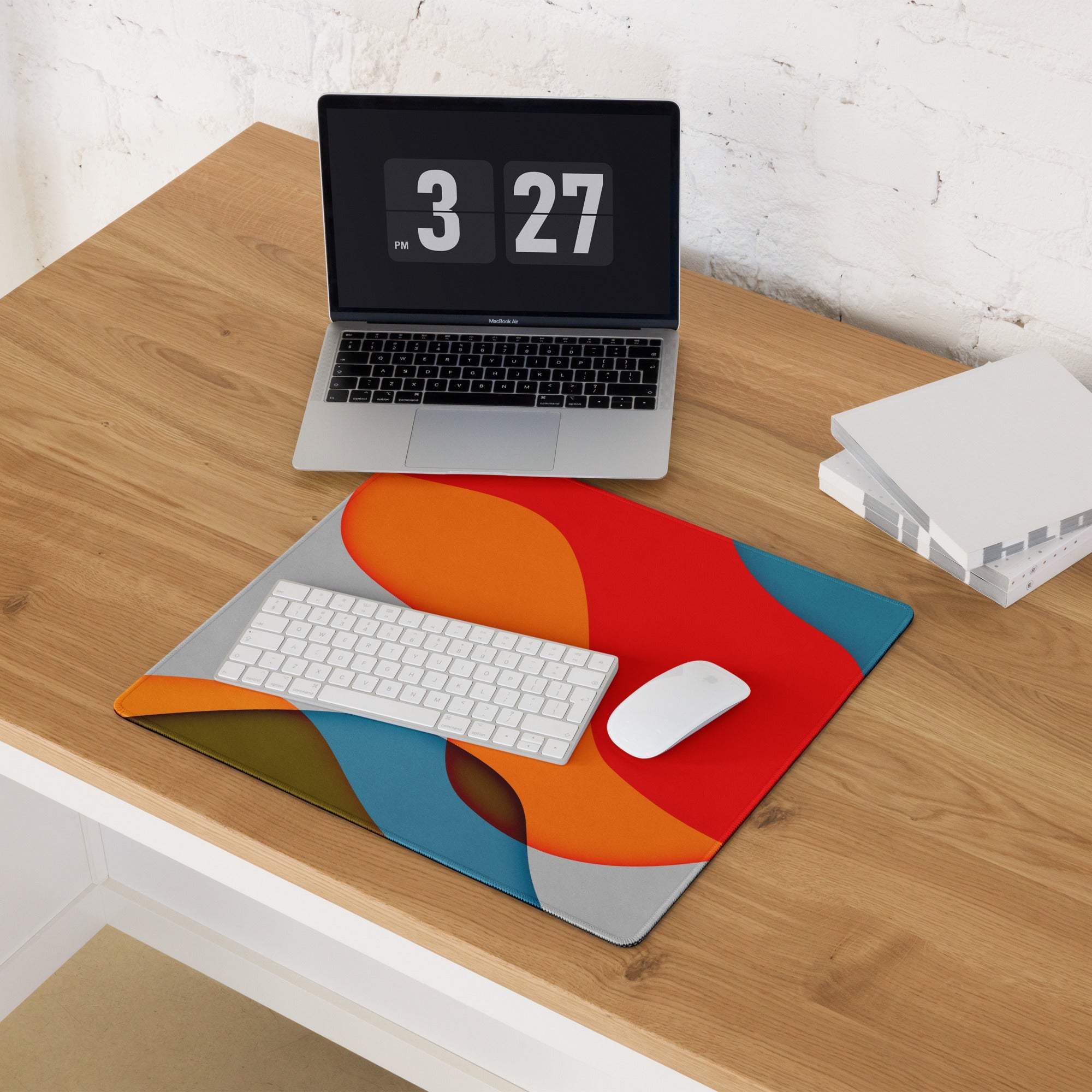 Vibrant abstract mouse pad with bold orange red blue gray shapes, non-slip gaming design