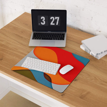 Vibrant abstract mouse pad with bold orange red blue gray shapes, non-slip gaming design