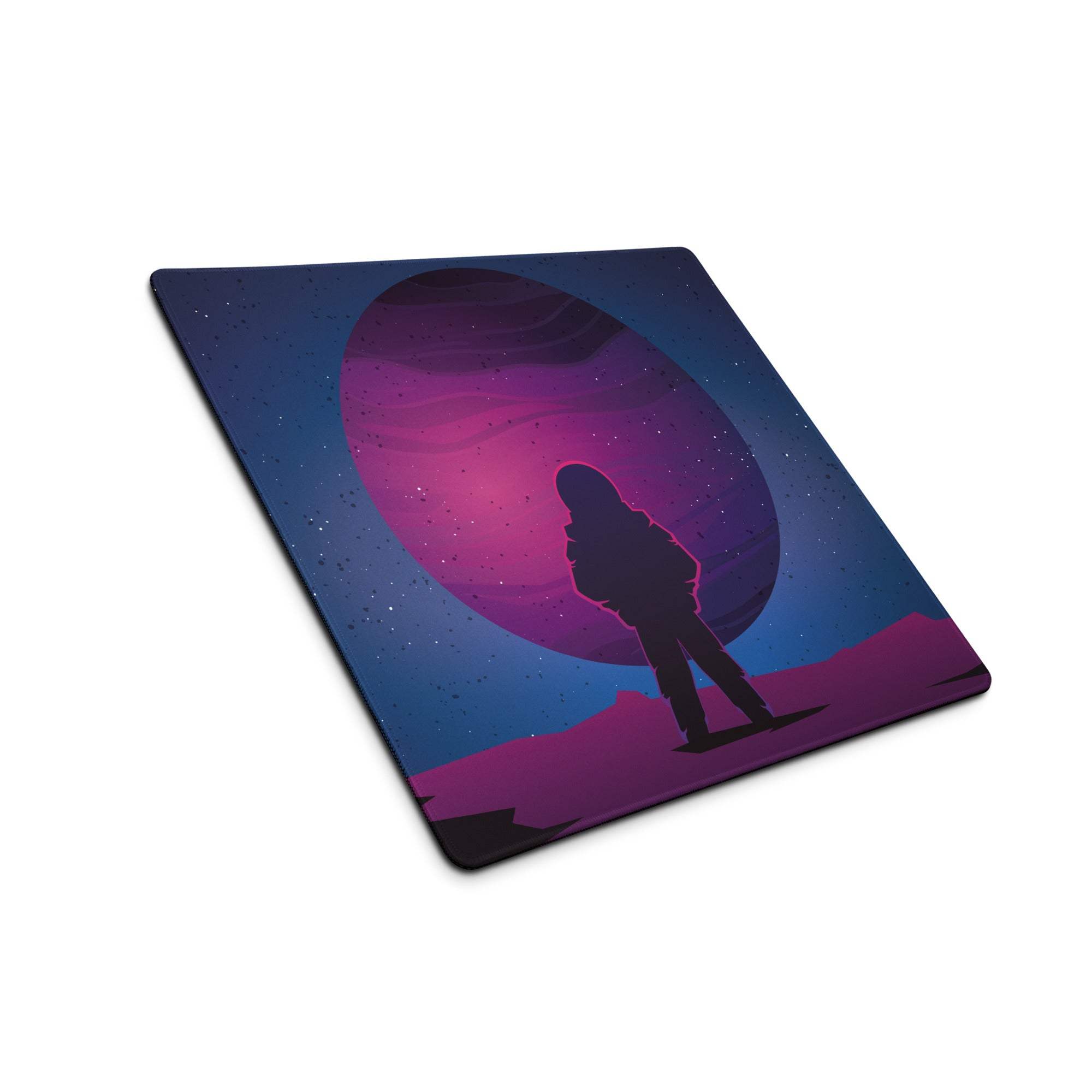 Purple neon cosmic astronaut gaming mousepad with glowing planet silhouette