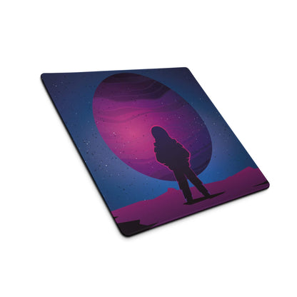 Purple neon cosmic astronaut gaming mousepad with glowing planet silhouette