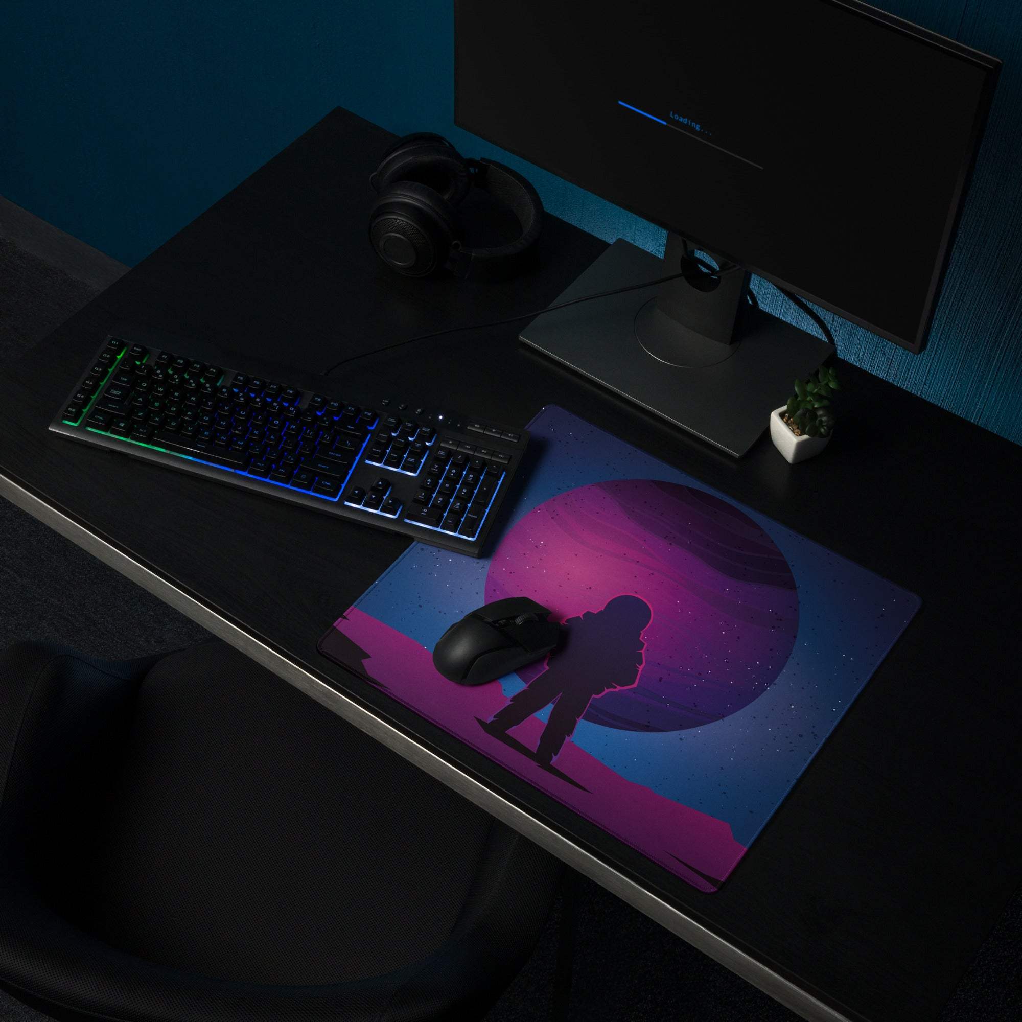 Vibrant purple pink cosmic astronaut silhouette gaming mousepad with non-slip base