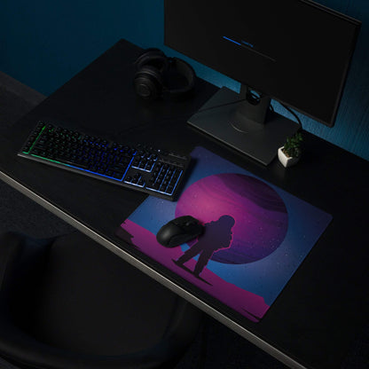 Vibrant purple pink cosmic astronaut silhouette gaming mousepad with non-slip base