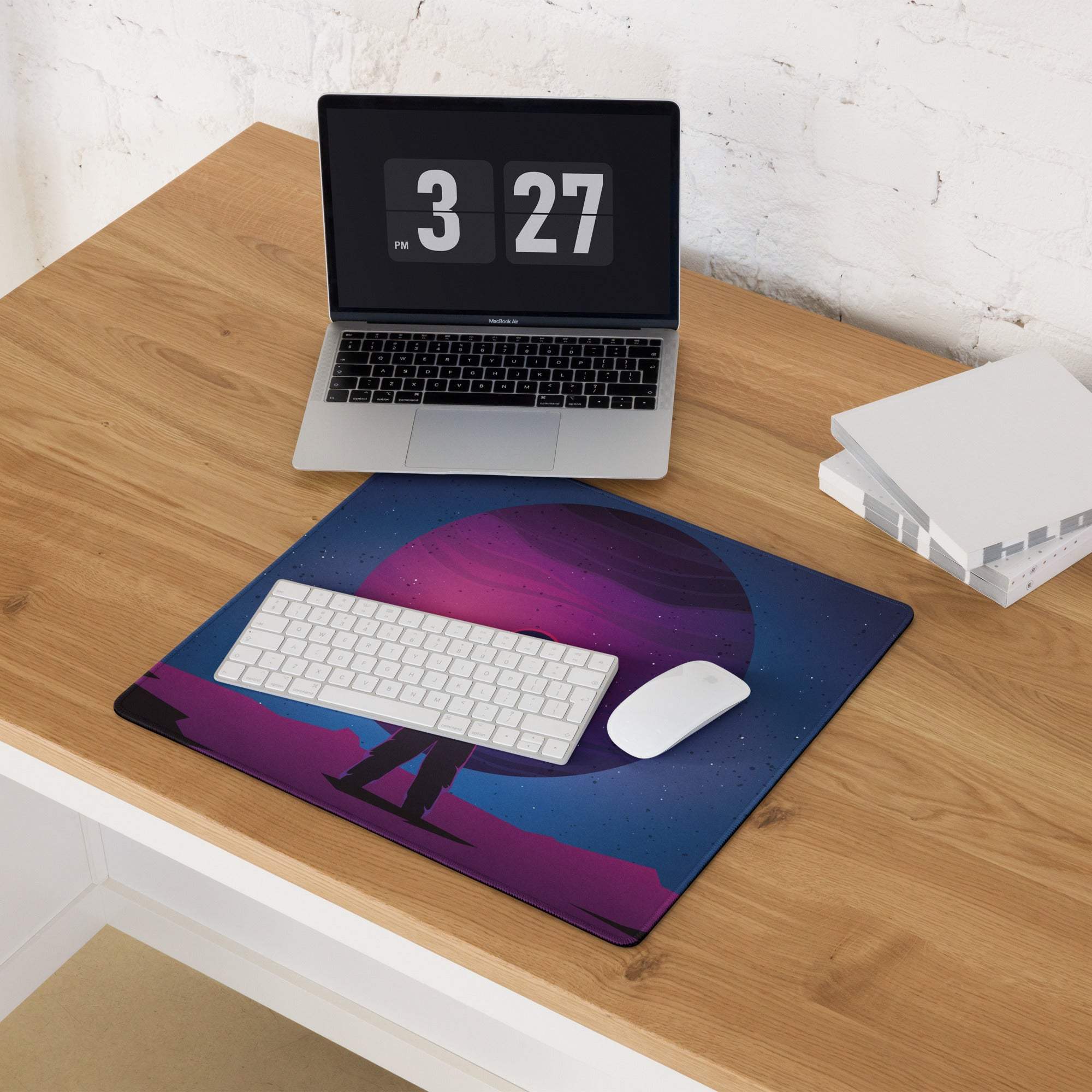 Cosmic astronaut purple neon night large gaming mouse pad with vibrant celestial design