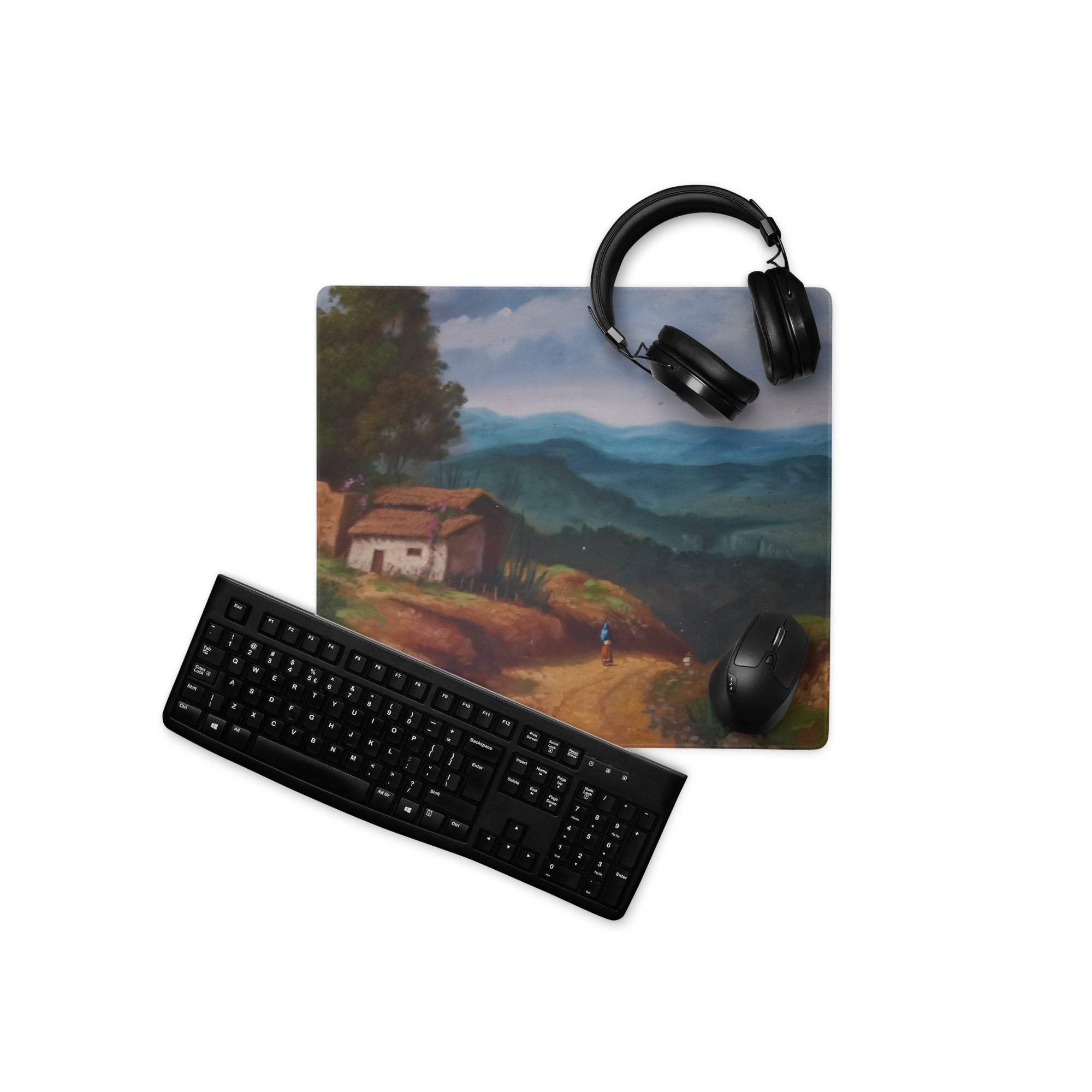 Artistic large gaming mousepad with serene rural village landscape in blues and greens