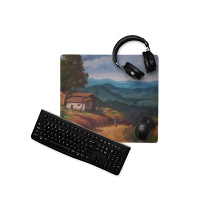 Artistic large gaming mousepad with serene rural village landscape in blues and greens