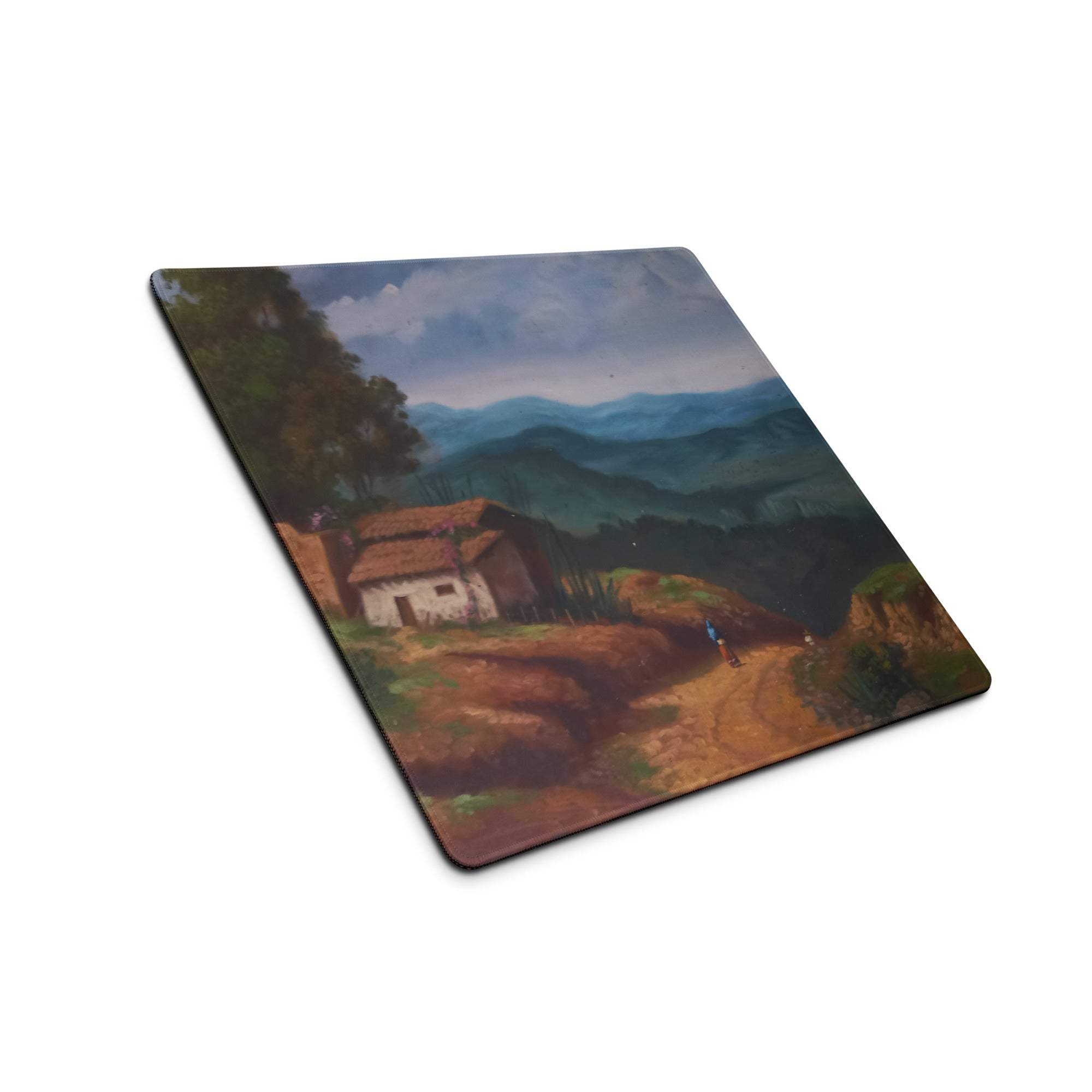 Square coaster with artistic rural landscape, hills, house, mountains on mouse pad