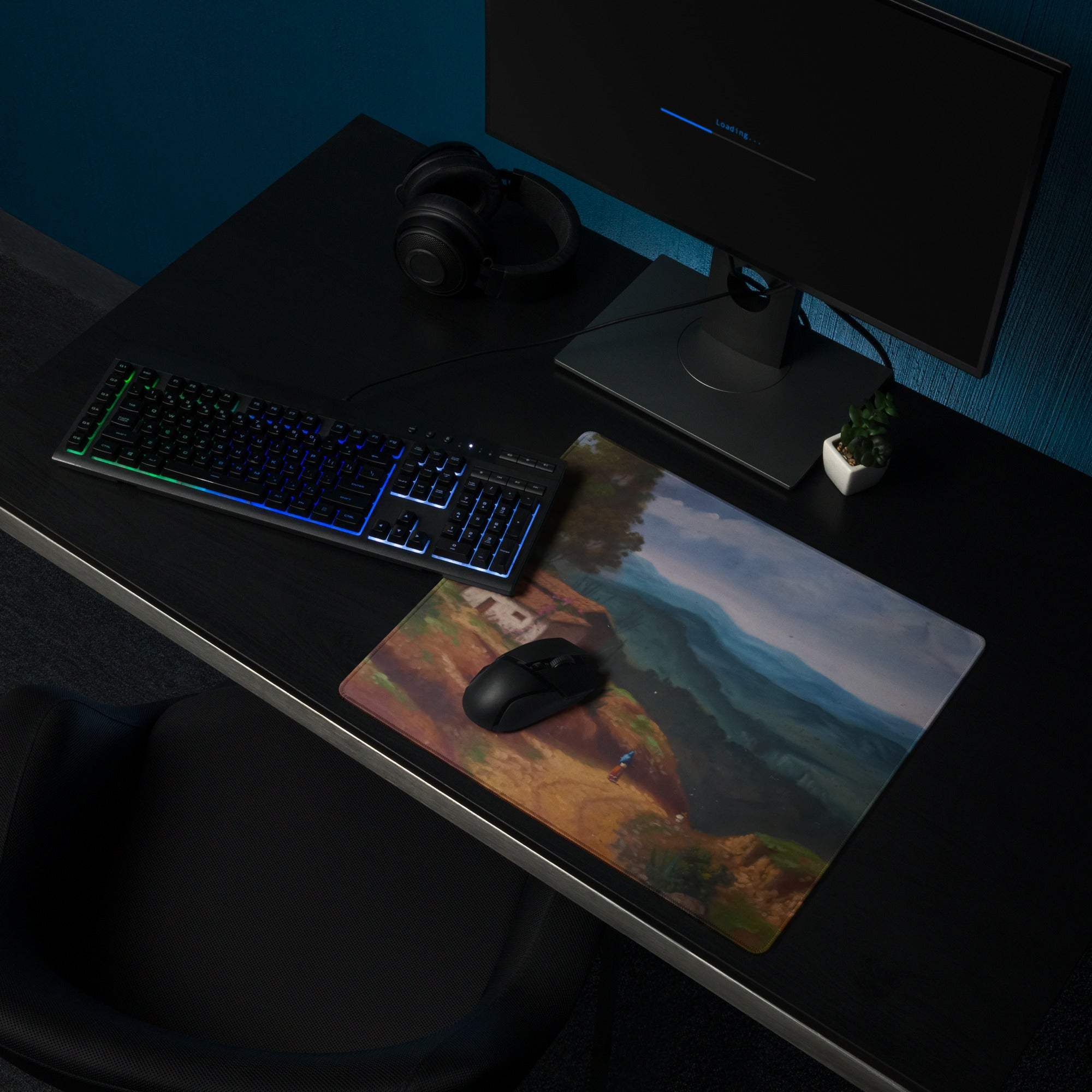 Artistic landscape large rural village gaming mouse pad with serene blues greens