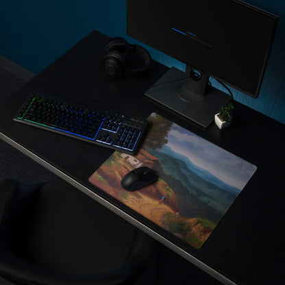 Artistic landscape large rural village gaming mouse pad with serene blues greens